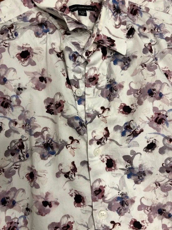 RW&CO. White Floral Dress Shirt with Purple and Blue Accents - Picture 4 of 9